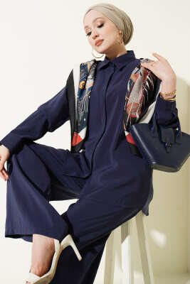 Gömlek Yaka Eşarp Detaylı İkili Takım Lacivert - HATUN
