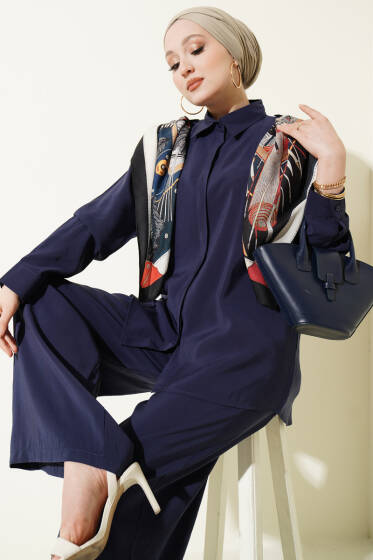 Gömlek Yaka Eşarp Detaylı İkili Takım Lacivert - İkili Takım