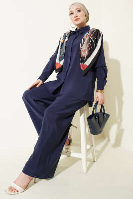 Gömlek Yaka Eşarp Detaylı İkili Takım Lacivert - İkili Takım