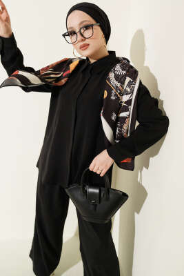 Gömlek Yaka Eşarp Detaylı İkili Takım Siyah - HATUN