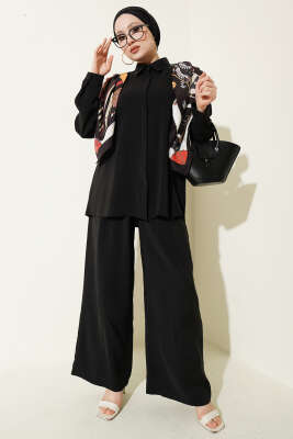Gömlek Yaka Eşarp Detaylı İkili Takım Siyah - İkili Takım