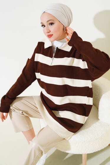 Gömlek Yaka Fermuarlı Çizgili Triko Tunik Kahve - Tunik