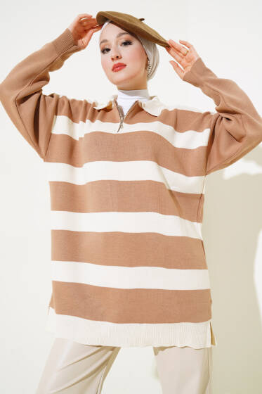 Gömlek Yaka Fermuarlı Çizgili Triko Tunik Latte - Triko