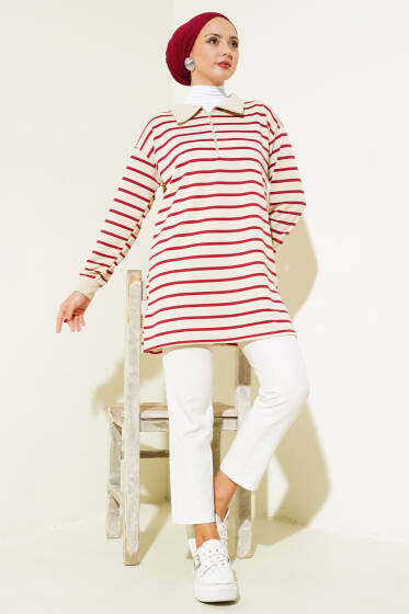 Gömlek Yaka Fermuarlı Çizgili Tunik Bordo - Tunik