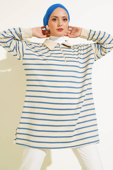 Gömlek Yaka Fermuarlı Çizgili Tunik İndigo - Tunik