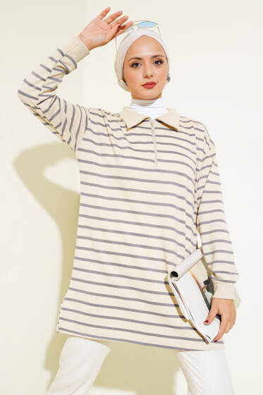 Gömlek Yaka Fermuarlı Çizgili Tunik Kayrak Grisi - Tunik