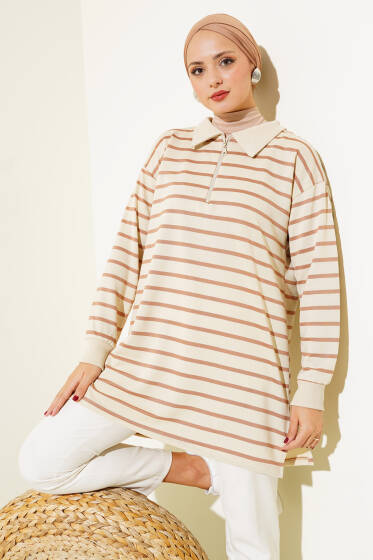 Gömlek Yaka Fermuarlı Çizgili Tunik Latte - Tunik