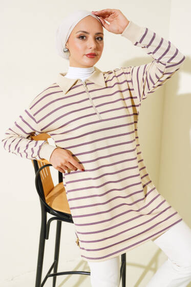 Gömlek Yaka Fermuarlı Çizgili Tunik Lila - Tunik