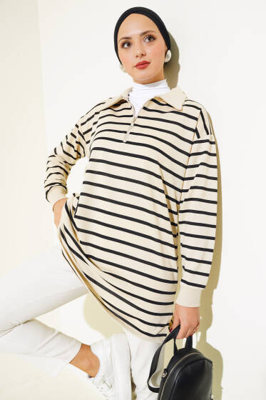 Gömlek Yaka Fermuarlı Çizgili Tunik Siyah - Tunik