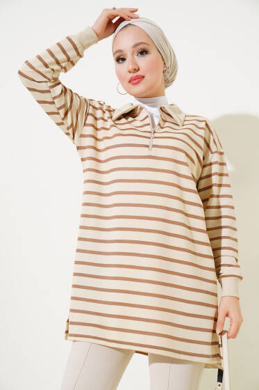 Gömlek Yaka Fermuarlı Çizgili Tunik Vizon - Tunik