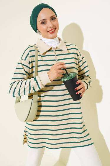 Gömlek Yaka Fermuarlı Çizgili Tunik Zümrüt - Tunik