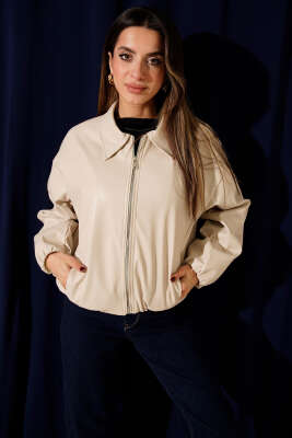 Gömlek Yaka Fermuarlı Deri Ceket Bej - Kadın Giyim Modelleri