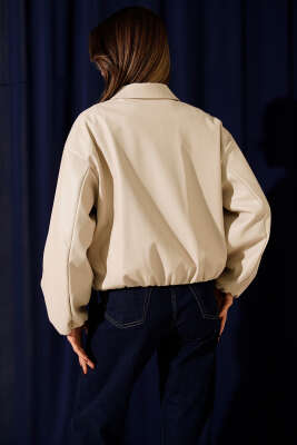 Gömlek Yaka Fermuarlı Deri Ceket Bej - Kadın Giyim Modelleri