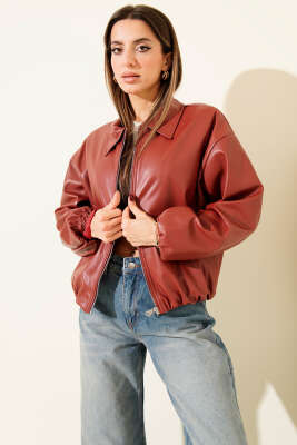 Gömlek Yaka Fermuarlı Deri Ceket Bordo - BERAT TEKSTİL