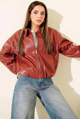 Gömlek Yaka Fermuarlı Deri Ceket Bordo - Kadın Giyim Modelleri