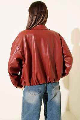 Gömlek Yaka Fermuarlı Deri Ceket Bordo - Kadın Giyim Modelleri