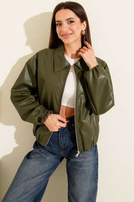 Gömlek Yaka Fermuarlı Deri Ceket Haki - Kadın Giyim Modelleri