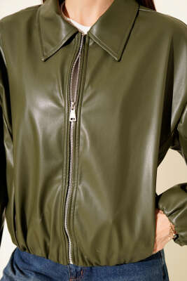 Gömlek Yaka Fermuarlı Deri Ceket Haki - Kadın Giyim Modelleri