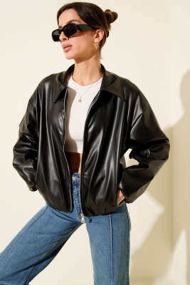 Gömlek Yaka Fermuarlı Deri Ceket Siyah - BERAT TEKSTİL