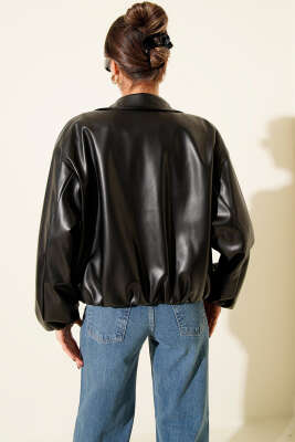 Gömlek Yaka Fermuarlı Deri Ceket Siyah - Kadın Giyim Modelleri
