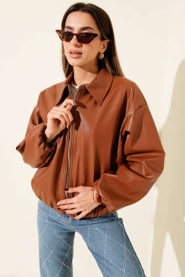 Gömlek Yaka Fermuarlı Deri Ceket Taba - BERAT TEKSTİL