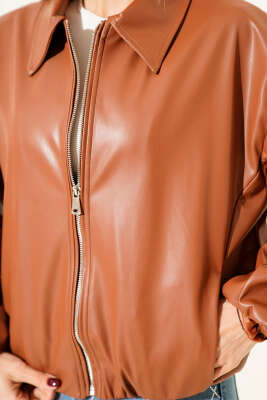 Gömlek Yaka Fermuarlı Deri Ceket Taba - Kadın Giyim Modelleri