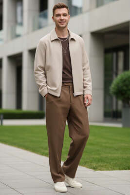 Gömlek Yaka Fermuarlı Erkek Bomber Ceket Bej - Erkek Ceket