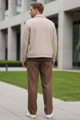 Gömlek Yaka Fermuarlı Erkek Bomber Ceket Bej - Erkek Ceket