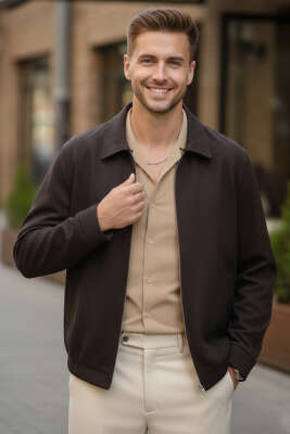 Gömlek Yaka Fermuarlı Erkek Bomber Ceket Kahve - GAVAZZİ