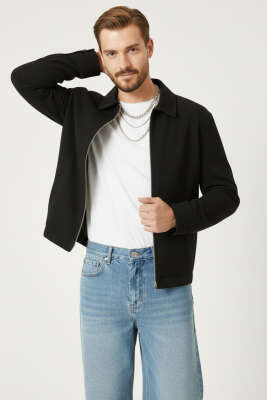 Gömlek Yaka Fermuarlı Erkek Bomber Ceket Siyah - GAVAZZİ