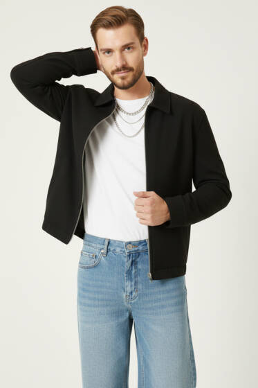 Gömlek Yaka Fermuarlı Erkek Bomber Ceket Siyah - Erkek Ceket