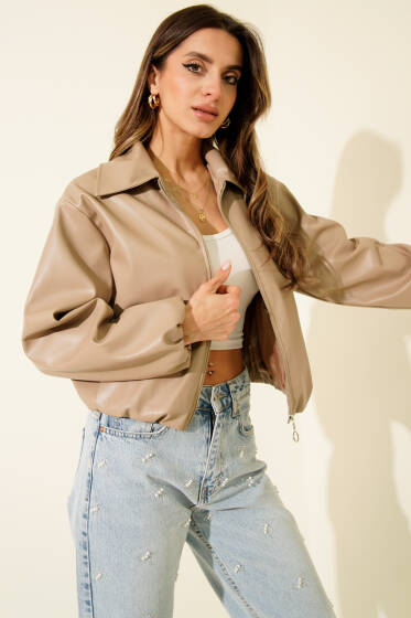 Gömlek Yaka Fermuarlı Kısa Deri Ceket Bej - Kadın Giyim Modelleri