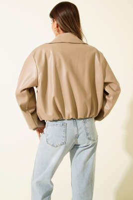 Gömlek Yaka Fermuarlı Kısa Deri Ceket Bej - Kadın Giyim Modelleri