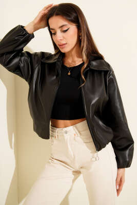 Gömlek Yaka Fermuarlı Kısa Deri Ceket Siyah - CALİENTE