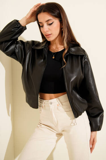 Gömlek Yaka Fermuarlı Kısa Deri Ceket Siyah - Kadın Giyim Modelleri