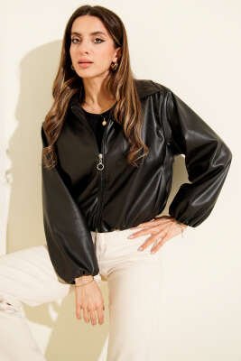 Gömlek Yaka Fermuarlı Kısa Deri Ceket Siyah - Kadın Giyim Modelleri