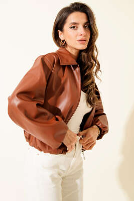 Gömlek Yaka Fermuarlı Kısa Deri Ceket Taba - Kadın Giyim Modelleri