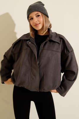 Gömlek Yaka Fermuarlı Süet Ceket Antrasit - LEVURE