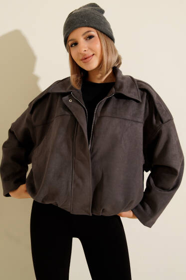 Gömlek Yaka Fermuarlı Süet Ceket Antrasit - Kadın Giyim Modelleri