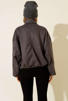Gömlek Yaka Fermuarlı Süet Ceket Antrasit - Kadın Giyim Modelleri