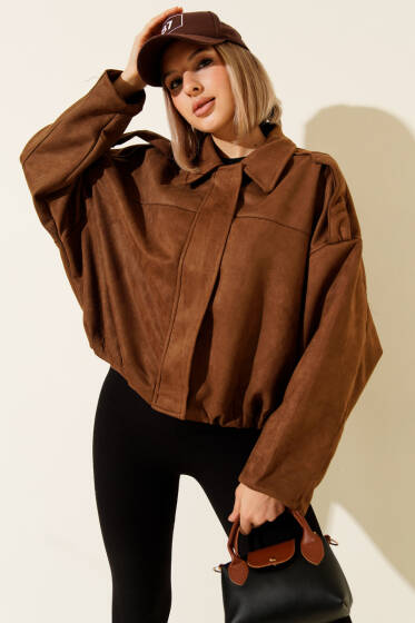 Gömlek Yaka Fermuarlı Süet Ceket Kahve - Kadın Giyim Modelleri