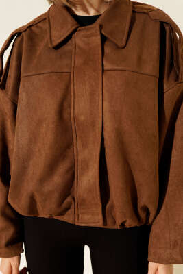 Gömlek Yaka Fermuarlı Süet Ceket Kahve - Kadın Giyim Modelleri