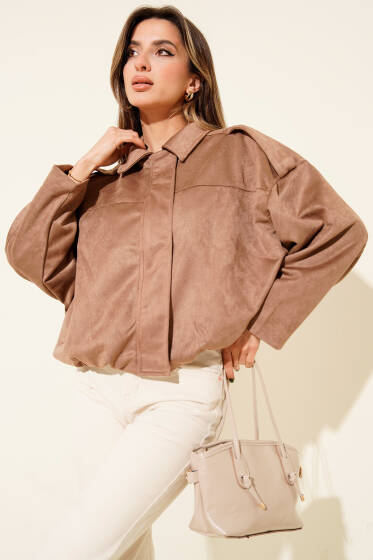 Gömlek Yaka Fermuarlı Süet Ceket Latte - Kadın Giyim Modelleri