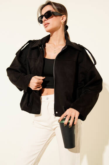 Gömlek Yaka Fermuarlı Süet Ceket Siyah - Kadın Giyim Modelleri