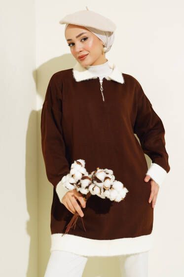 Gömlek Yaka Fermuarlı Triko Tunik Kahve - Tunik