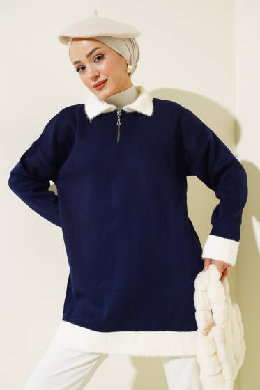 Gömlek Yaka Fermuarlı Triko Tunik Lacivert - Tunik