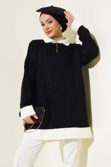 Gömlek Yaka Fermuarlı Triko Tunik Siyah - Tunik