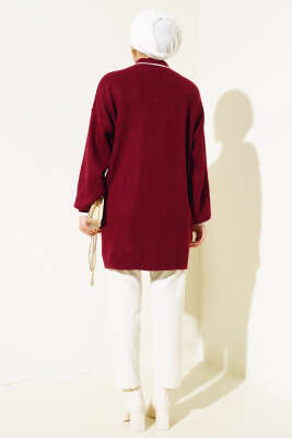 Gömlek Yaka Fitilli Düğmeli Triko Tunik Bordo - Triko Tunik
