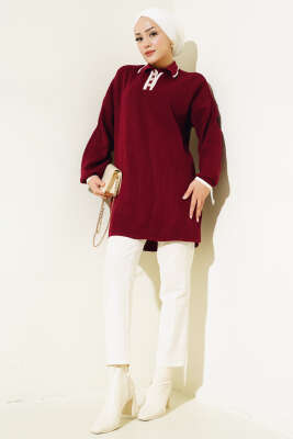 Gömlek Yaka Fitilli Düğmeli Triko Tunik Bordo - Triko Tunik