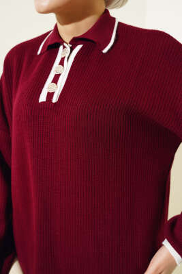 Gömlek Yaka Fitilli Düğmeli Triko Tunik Bordo - Triko Tunik